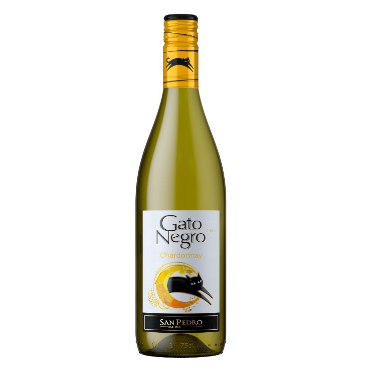 Bottle of Gato Negro White Wine Chardonnay with a label featuring a black cat and the text 'SAN PEDRO'.