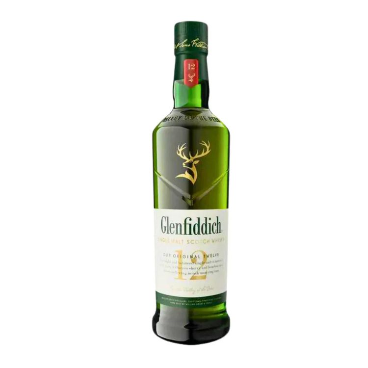 Glenfiddich 12-year-old whisky bottle on a white background