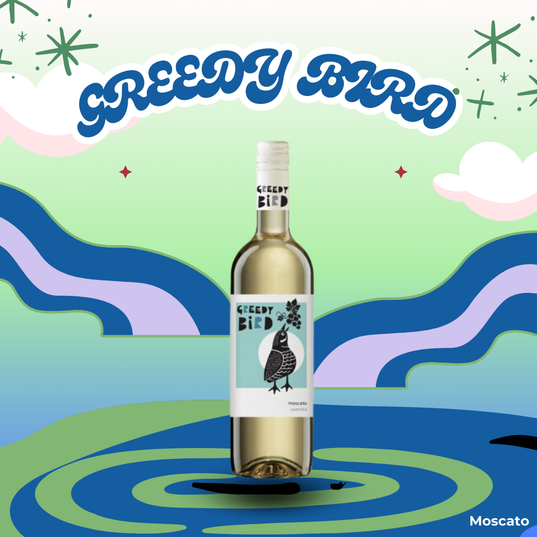 Greedy Bird Australian Moscato Sparkling Wine with playful visual