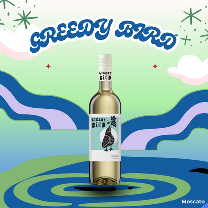 Greedy Bird Australian Moscato Sparkling Wine with playful visual