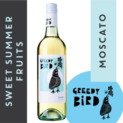 Greedy Bird Australian Moscato Sparkling Wine with blue palette visual