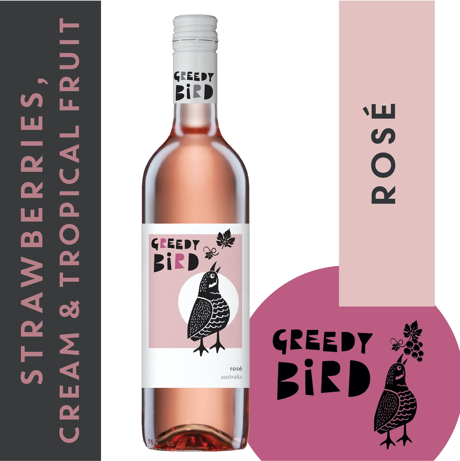 Greedy Bird Australian Rose Wine with pink palette visual concept