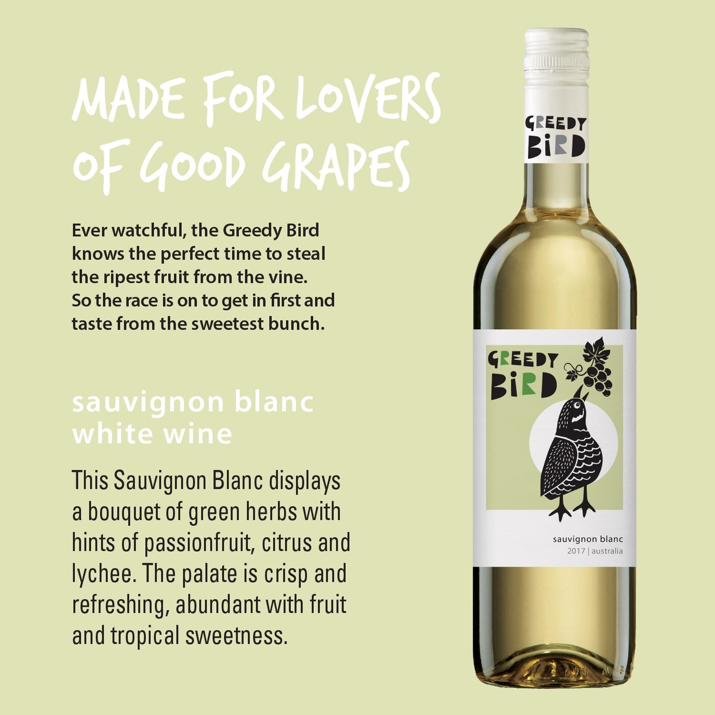 Greedy Bird Australian Sauvignon Blanc with product descriptions