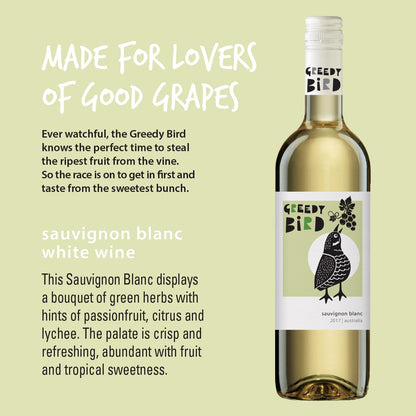 Greedy Bird Australian Sauvignon Blanc with product descriptions