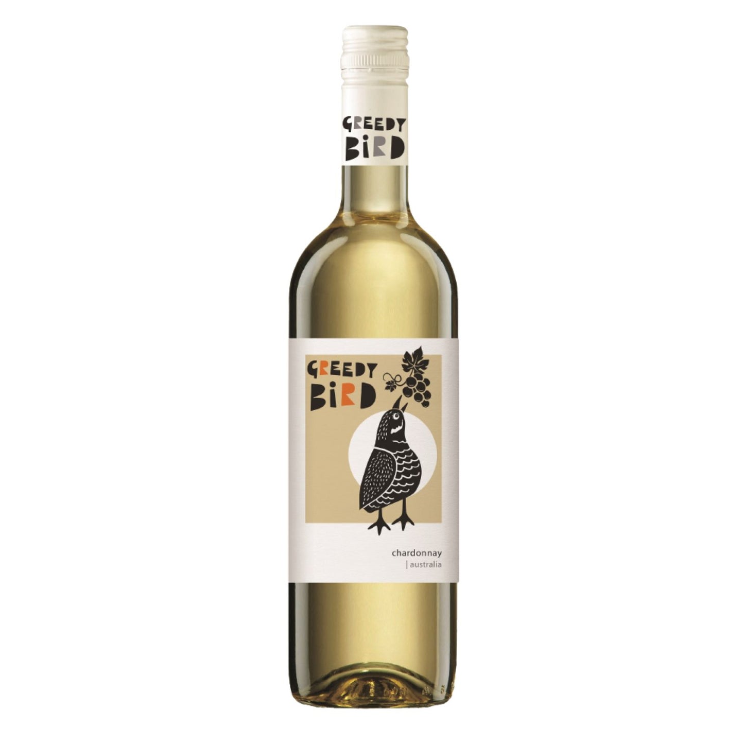 A bottle of Greedy Bird Australian Sauvignon Blanc wine with a label featuring an illustration of a bird.