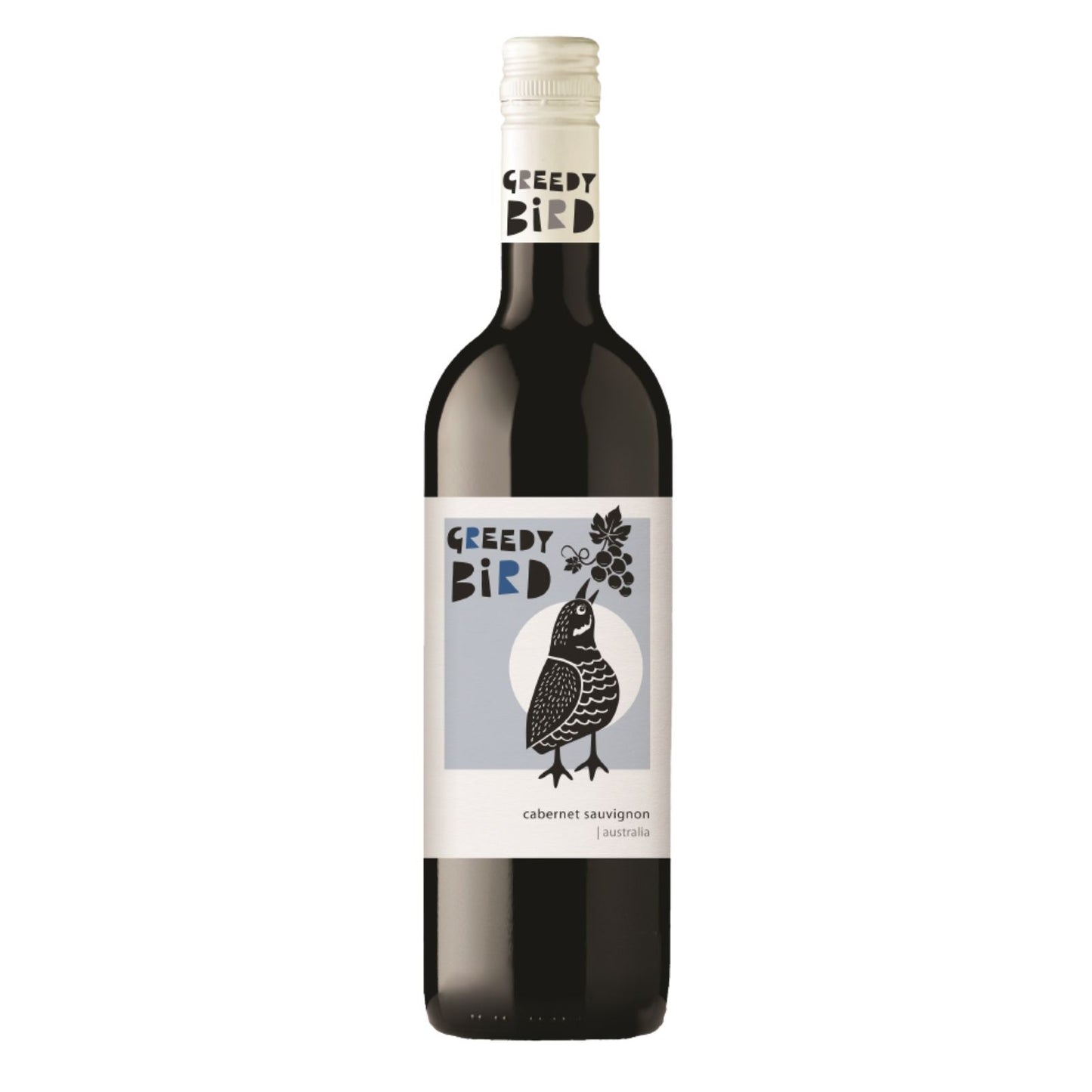A bottle of Greedy Bird Cabernet Sauvignon with a label featuring a graphic of a bird.