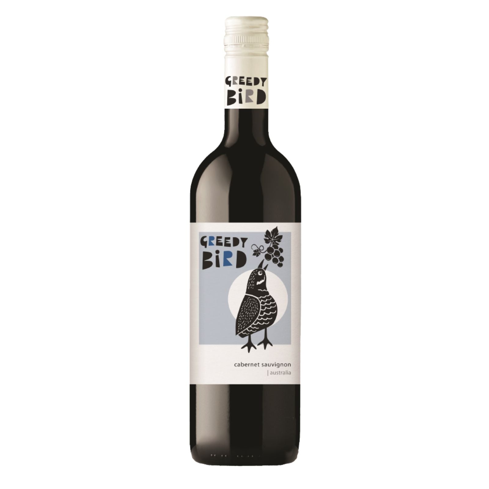 A bottle of Greedy Bird Cabernet Sauvignon with a label featuring a graphic of a bird.