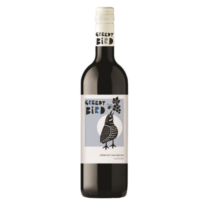 A bottle of Greedy Bird Cabernet Sauvignon with a label featuring a graphic of a bird.