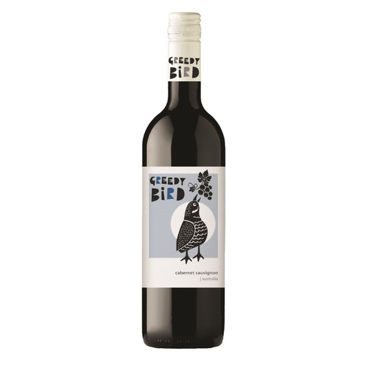 A bottle of Greedy Bird Cabernet Sauvignon with a label featuring a graphic of a bird.