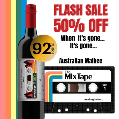 Wine bottle with a cassette tape design, 'Flash Sale' text, and '92 points' rating on a colorful background.