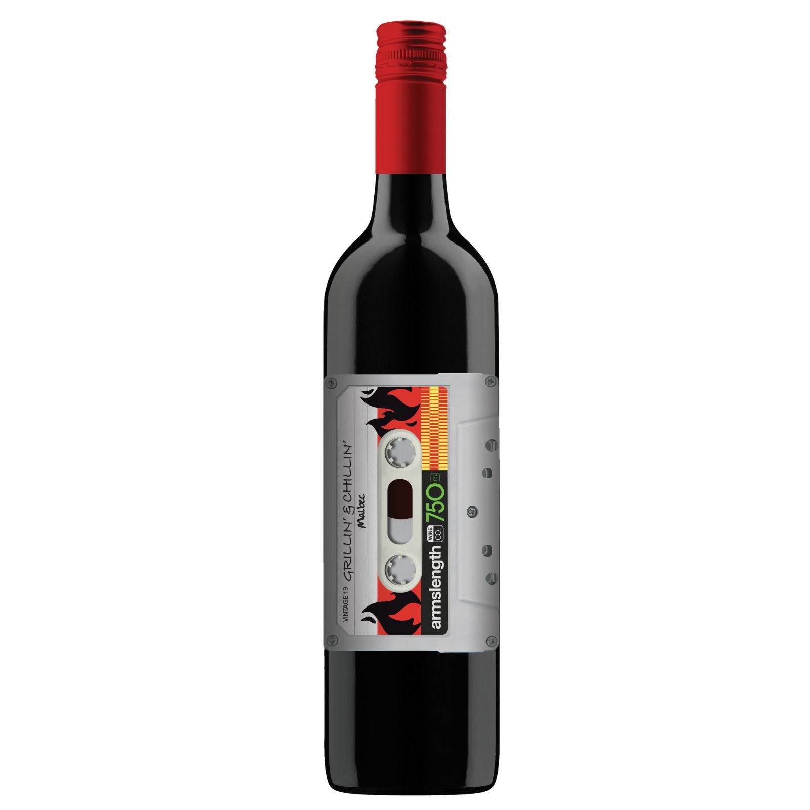 Red wine bottle with a unique label on a white background