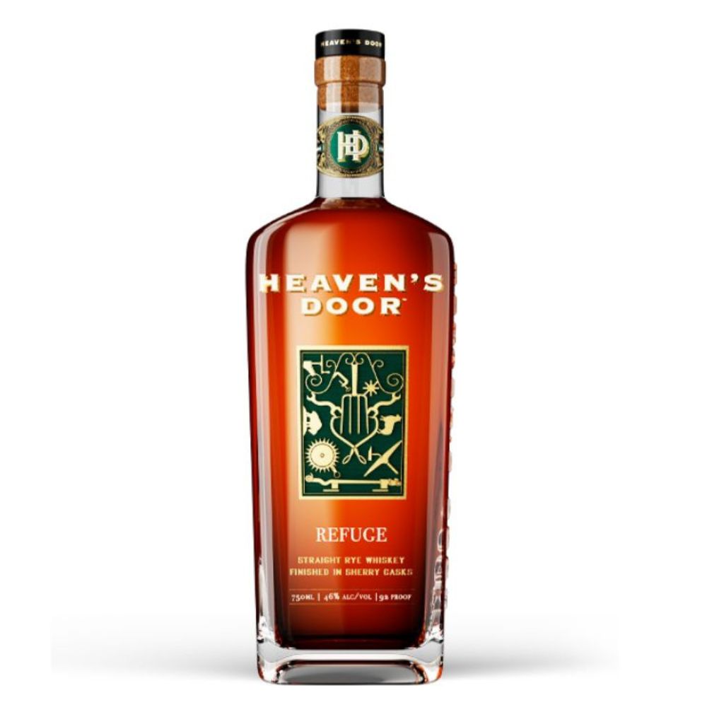 Bottle of Heaven's Door Refuge whiskey on a white background