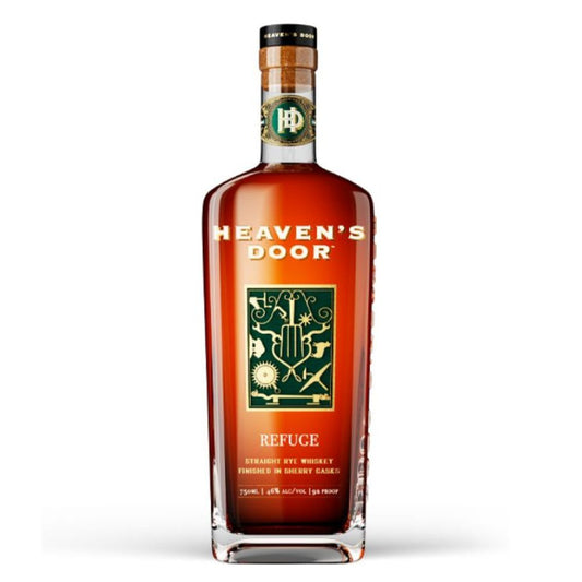 Bottle of Heaven's Door Refuge whiskey on a white background