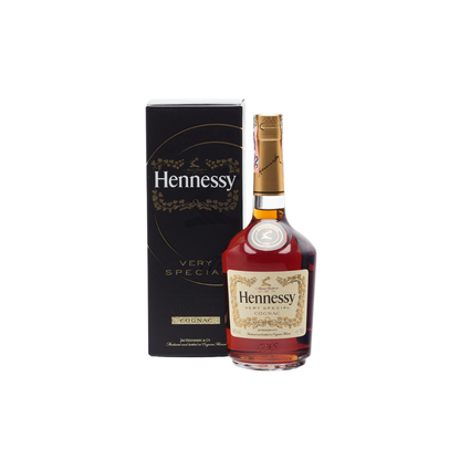 Hennessy cognac bottle and box on a white background