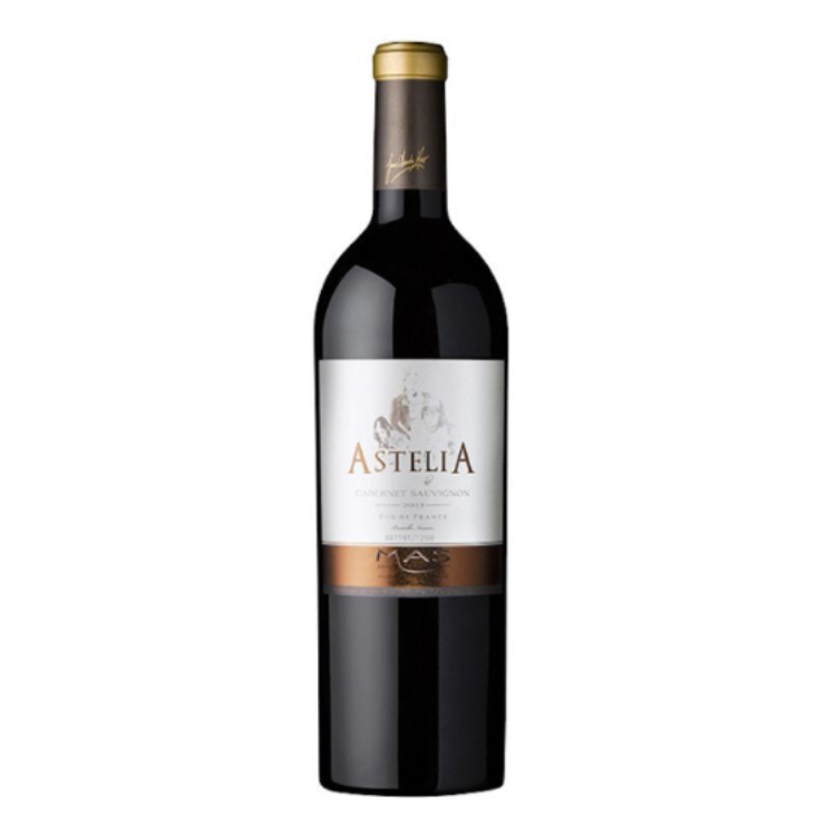 A bottle of Jean Claude Mas Astélia Cabernet Sauvignon 2017 red wine with a deep garnet red label and gold accents.