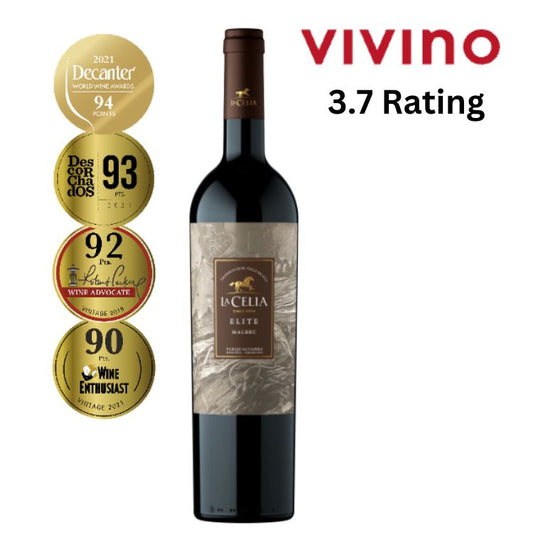Wine bottle with award badges and Vivino rating on a white background