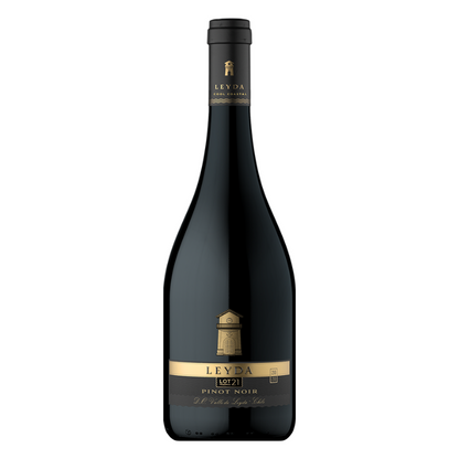 A bottle of Leyda Lot 21 Pinot Noir wine with a label indicating it is a product from Chile, red wine.