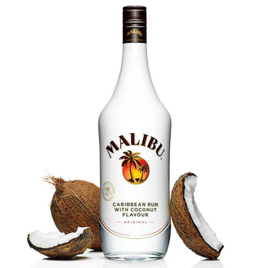 Malibu coconut rum bottle with two coconuts on a white background