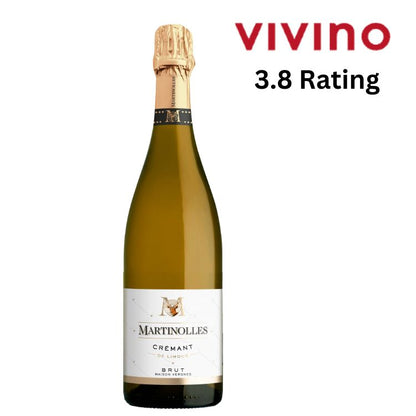 Bottle of Martinolles Crémant with a gold cap on a white background, featuring the Vivino rating.