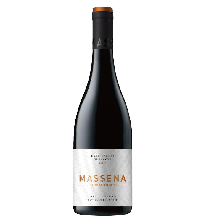 A bottle of Massena Stonegarden Grenache 2019 wine with a label that includes the brand name and the wine variety.