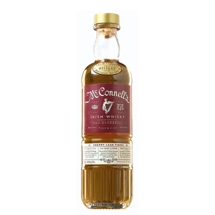 A bottle of McConnell's Irish Whisky with a label indicating it is finished in sherry casks and that it is 46% ABV.