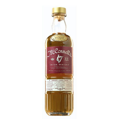 A bottle of McConnell's Irish Whisky with a label indicating it is finished in sherry casks and that it is 46% ABV.