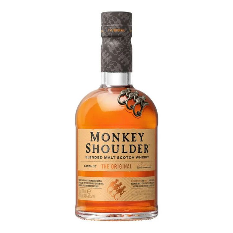 Bottle of Monkey Shoulder blended malt Scotch whisky on a white background