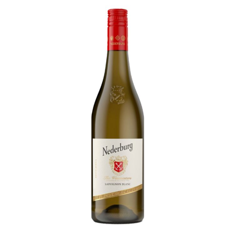 Nederburg wine bottle with a red cap on a white background