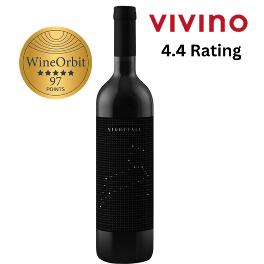A bottle of Night Fall 'Leo' Single Vineyard Cabernet Sauvignon 2019 wine with a Vino rating of 4.4 and a WineOrbit score of 997, indicating high quality.