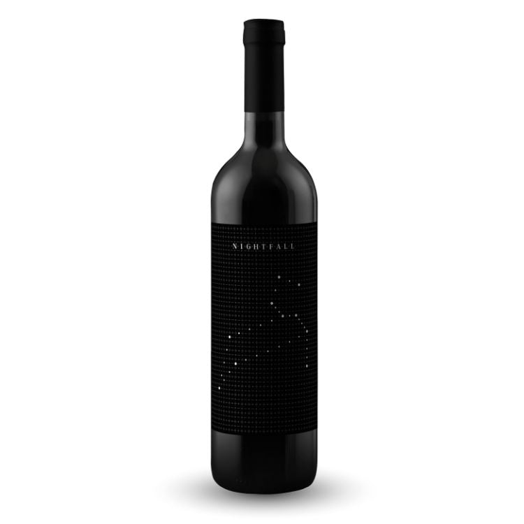 Black wine bottle with a textured label on a white background