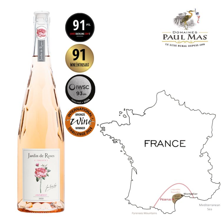 Bottle of Jardin de Roses Rosé wine with wine awards and a map of France showing Domaines Paul Mas.