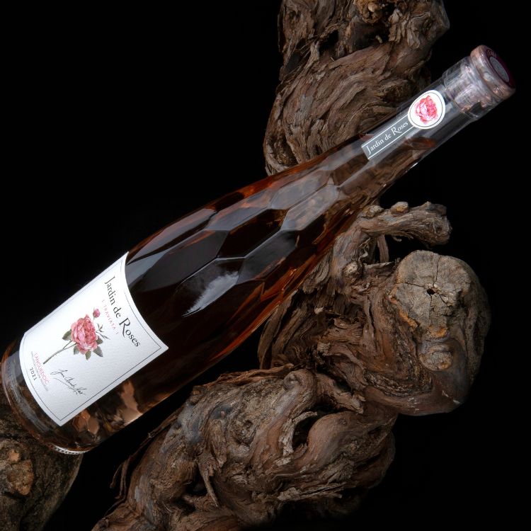 Wine bottle with a label on a dark background