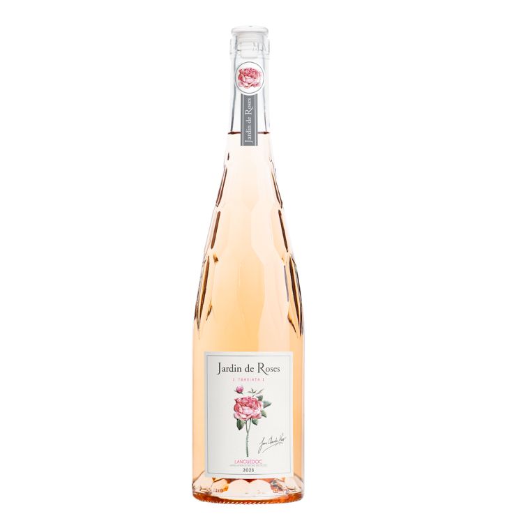 Wine bottle with a decorative label featuring a rose on a white background