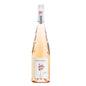 Wine bottle with a decorative label featuring a rose on a white background