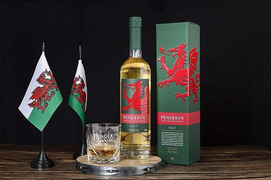 Photo of Penderyn Welsh Single Malt Whisky Dragon Range Celt with flag