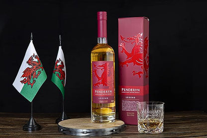Penderyn Welsh Single Malt Whisky Dragon Range Legend bottle with flags