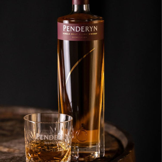 Penderyn Welsh Single Malt Whisky Sherrywood Finish Gold Range with dark ambience background