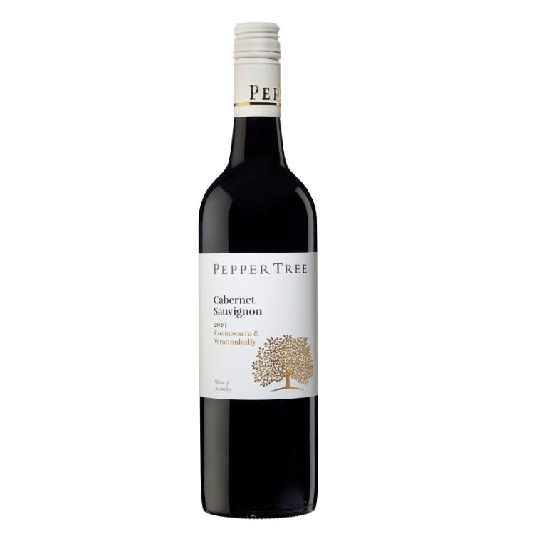 A bottle of Pepper Tree Coonawarra & Wrattonbully Cabernet Sauvignon 2021 wine with a white label and tree illustration.