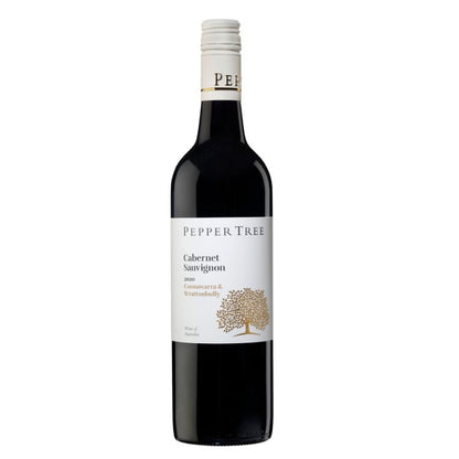 A bottle of Pepper Tree Coonawarra & Wrattonbully Cabernet Sauvignon 2021 wine with a white label and tree illustration.