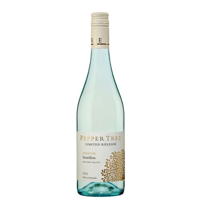 Wine bottle labeled 'Pepper Tree' on a white background