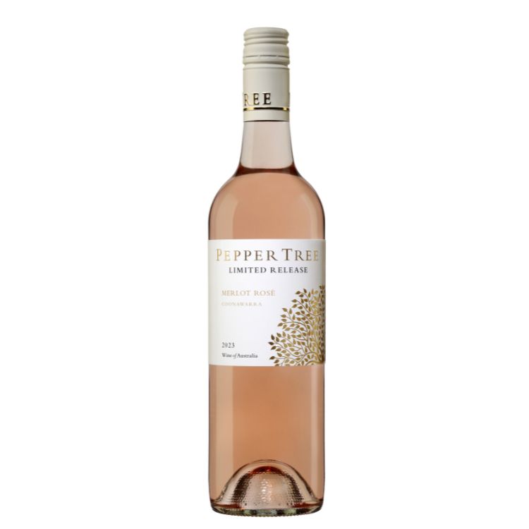 A bottle of Pepper Tree Rose Merlot Coonawarra wine with a label that includes the brand name and the wine variety.