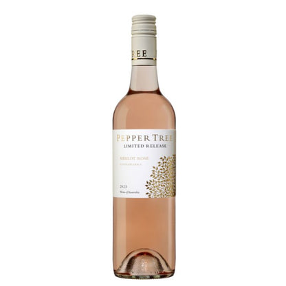 A bottle of Pepper Tree Rose Merlot Coonawarra wine with a label that includes the brand name and the wine variety.