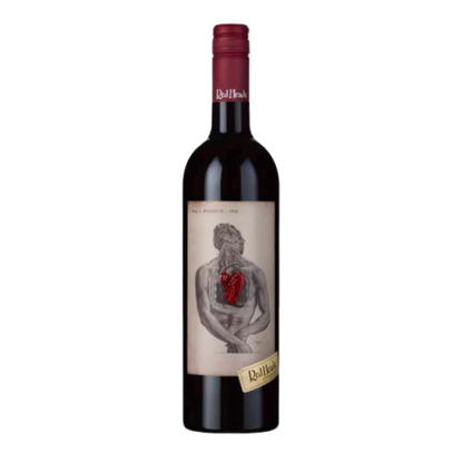 A bottle of RedHeads Night of the Living Red 2021 wine with a label featuring an illustration of a person's torso with a heart and a bottle cork.