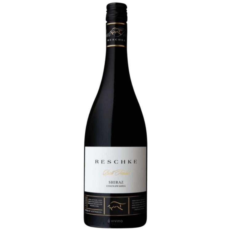 A bottle of Reschke Bull Trader Shiraz 2021 wine with a label that includes the brand name and the variety of the wine.