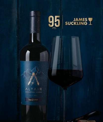 Bottle of Altair wine with a glass and James Suckling score on a dark background