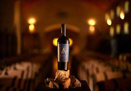 Bottle of wine held in a hand with a blurred background