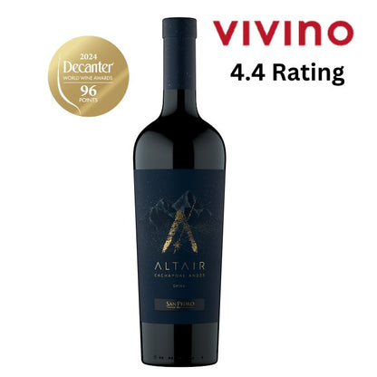 Wine bottle with 'Vivino' and 'Decanter' ratings on a white background