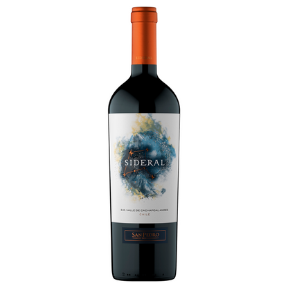 A bottle of San Pedro Sideral Cabernet Sauvignon 2021 with a label showcasing a stylized cosmic pattern and the wine details.