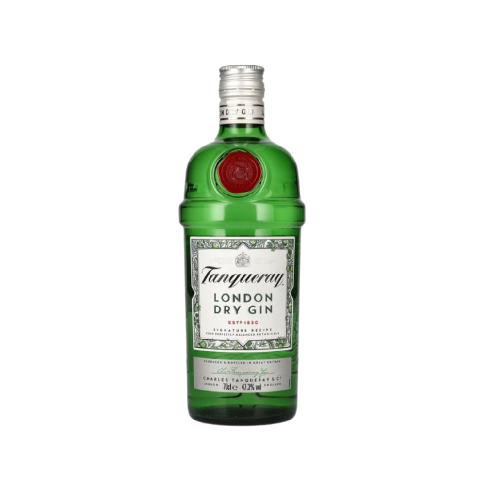 Bottle of Tanqueray London Dry Gin on a white background