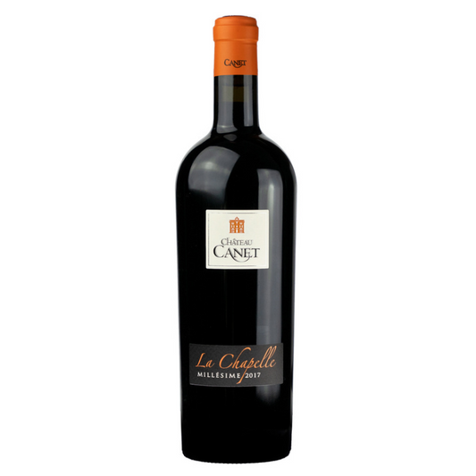 A bottle of Vignobles Canet La Chapelle Grenache Noir 2020 wine with a white label and orange cap.